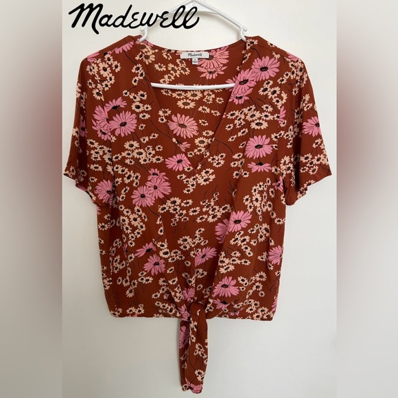 Madewell Novel Tie-Front Top in Hillside Daisies Multi Daisies Burnt Clay Size:S - Picture 2 of 15